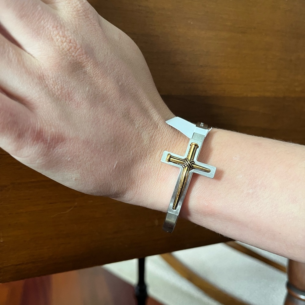 Cross Bracelet with Bible verse. Probably aluminum